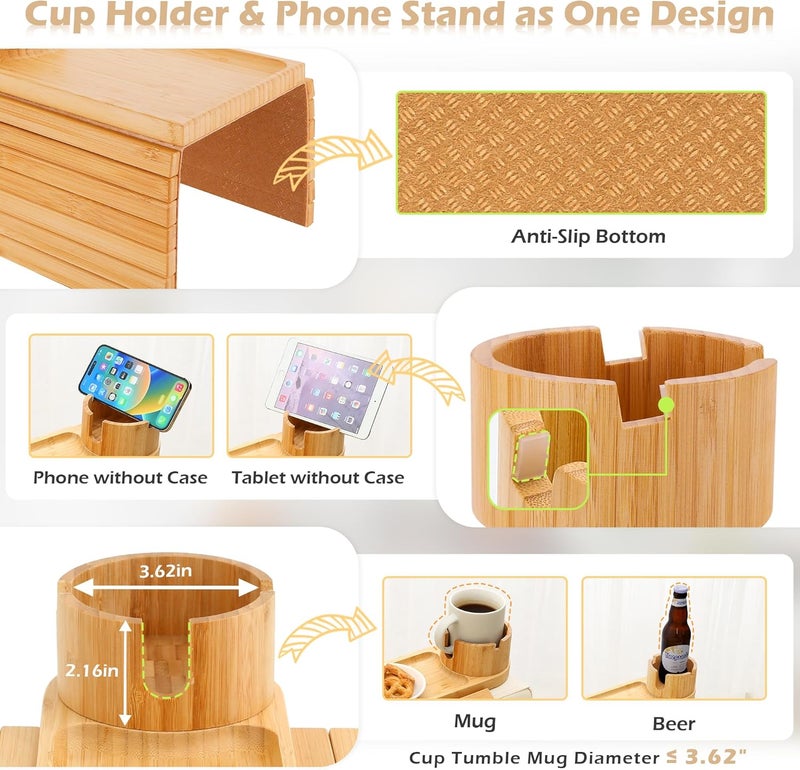 BAMTRAY Couch Cup Holder Tray, 15.75" Bamboo Cup Holder for Couch, 3 in 1 Foldable Arm Chair Clip on Side Tray Table for Remote Snack Table on Armrest - Image 4